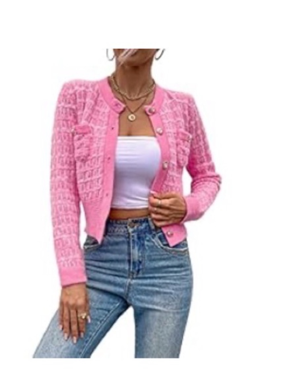 NWOT DESIGNER INSPIRED Classic Pink Knit Jeweled Button Cardigan